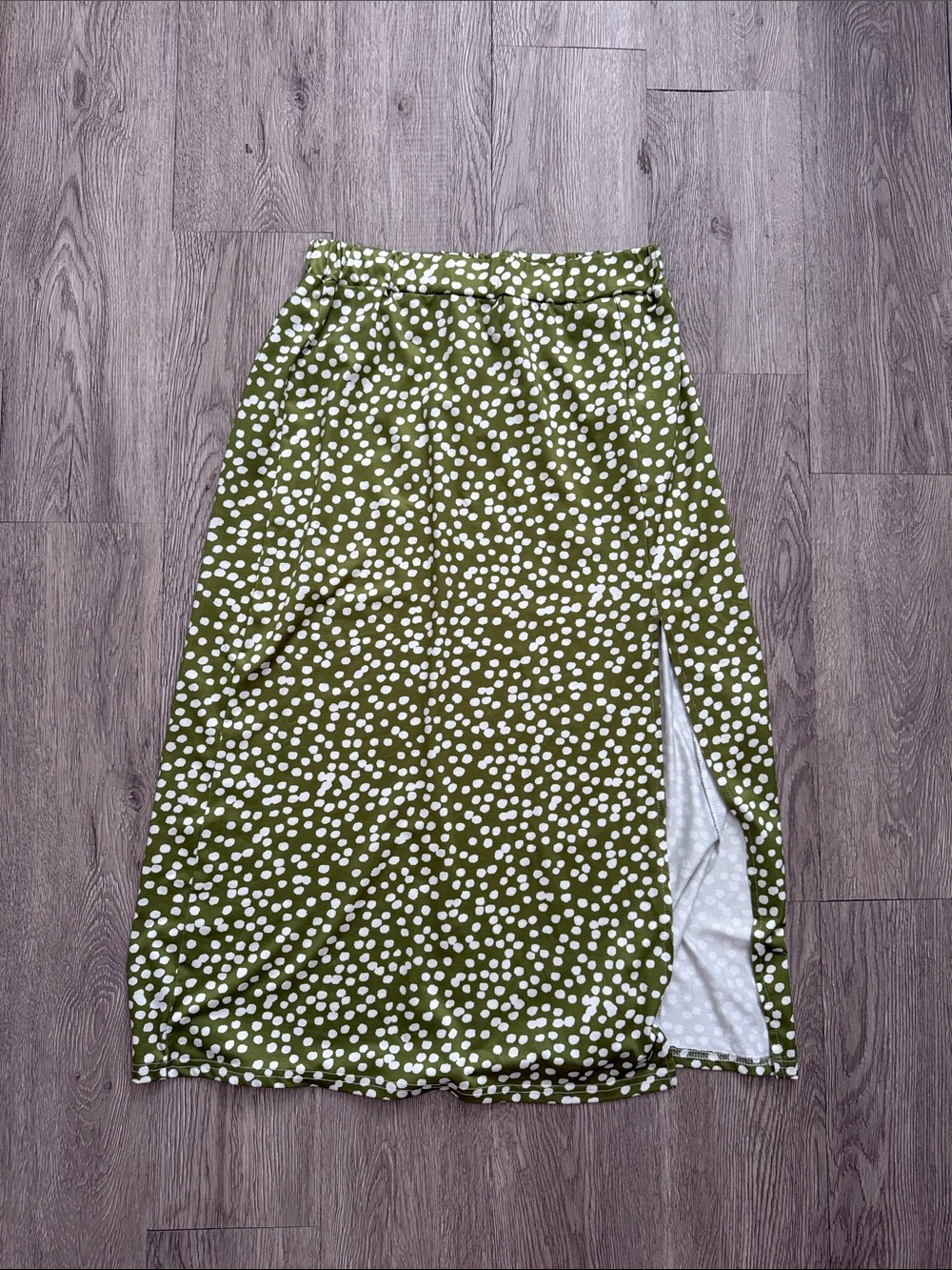 Olive Green Polka Dot Side-Slit Midi Skirt